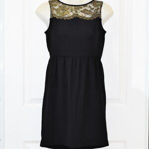 LOFT Petite Sleeveless Sheath Black Gold Lace Trim